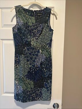 Blue and Green Peacock-Print Sleeveless Midi Dress
